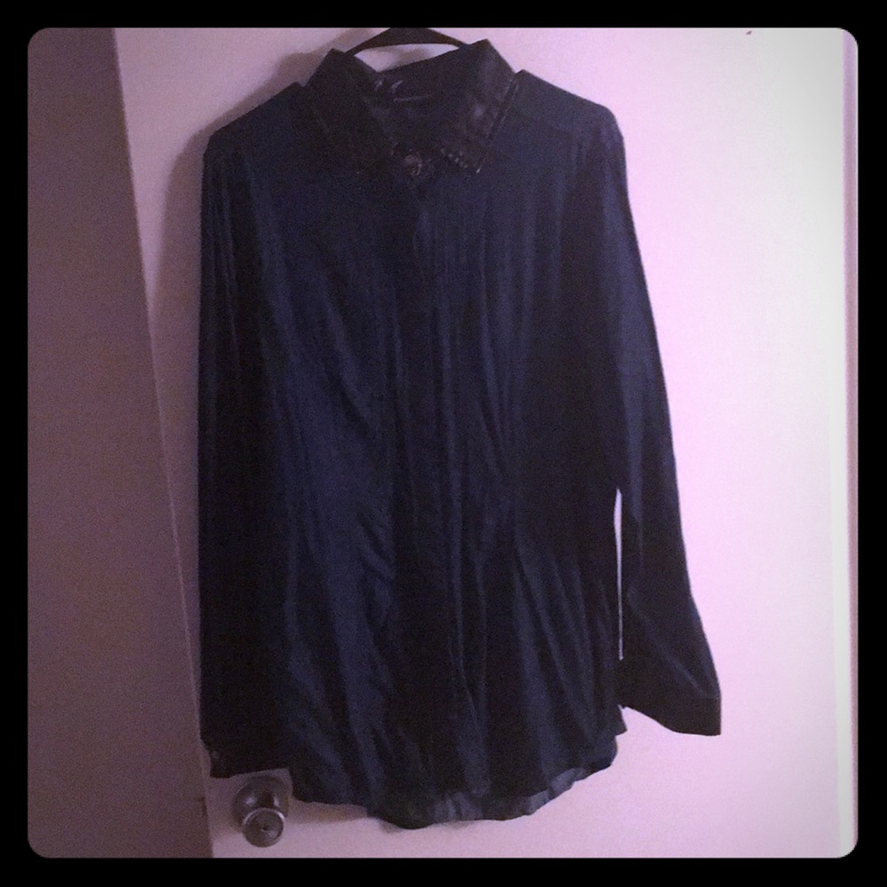 Ashley Stewart Faux Leather and Denim Shirt